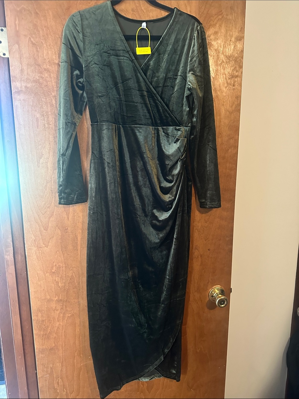AISWI Velvet Maternity Cocktail Dress Long Sleeves Pregnancy V Neck,Olive Green - Picture 6 of 7